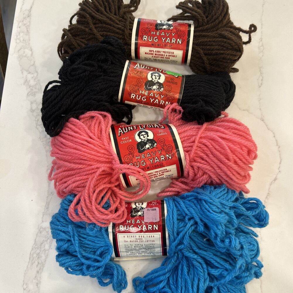 Vintage Lot of 4 Aunt Lydia's Heavy Rug Yarn 70 Yd Skeins Black Brown Pink Blue